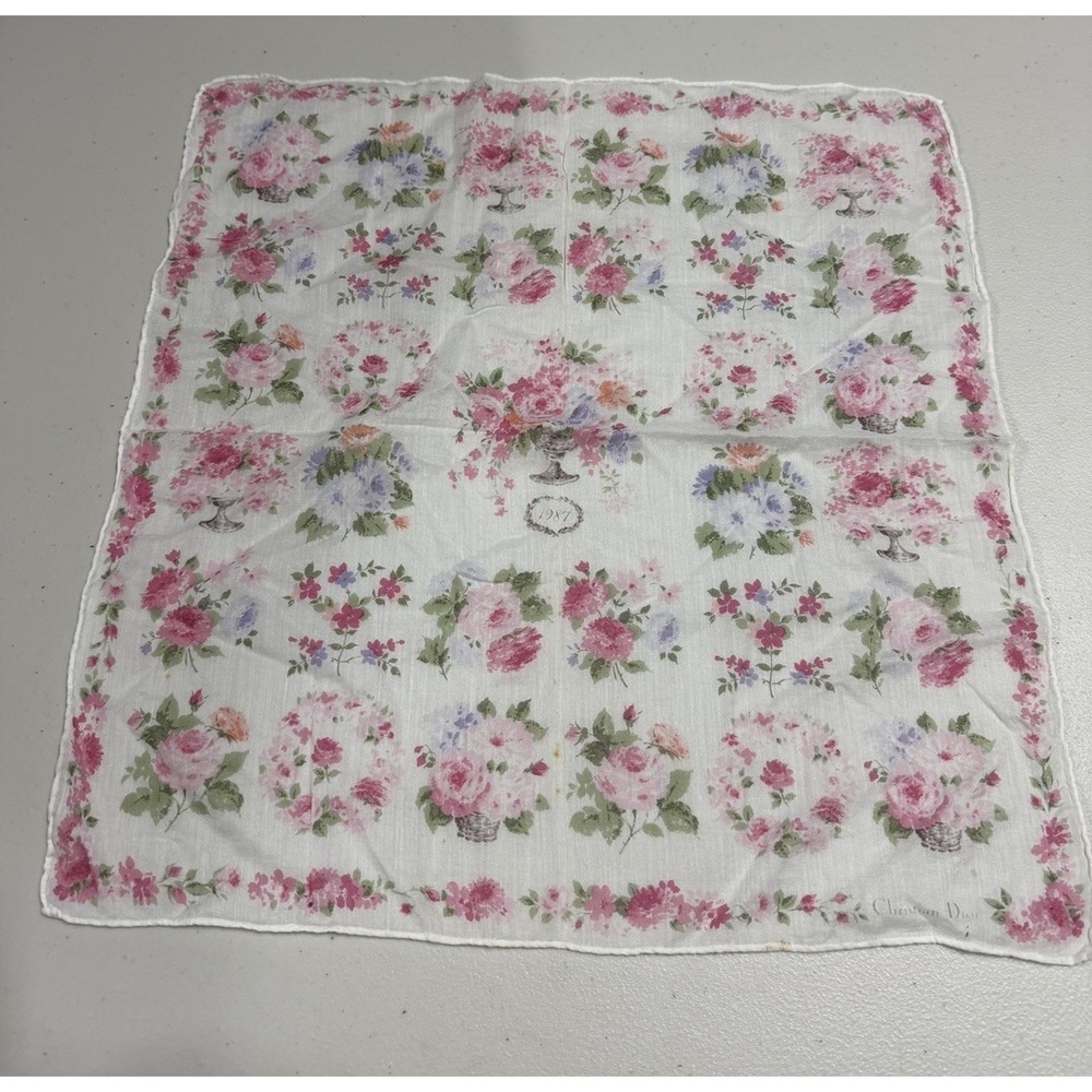 Vtg Christian Dior Pink Floral Coquette Pocket Square 18" Spring Flower Scarf